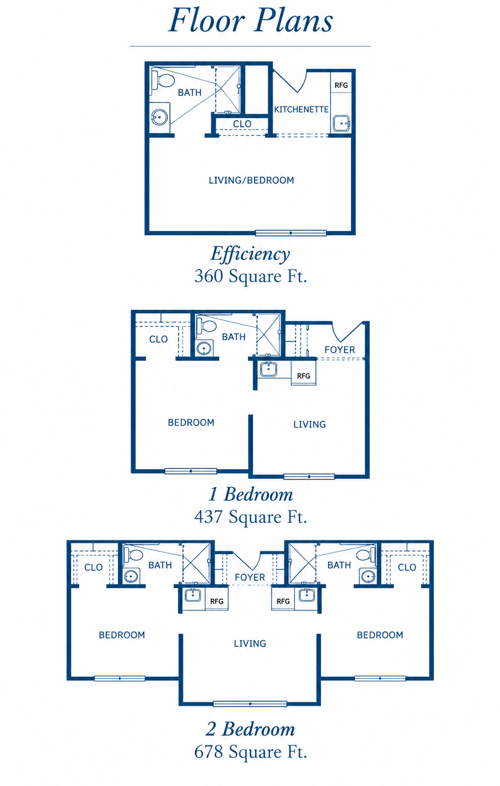 Floor plan diagrams for all three apartment types at Seguin Assisted Living
